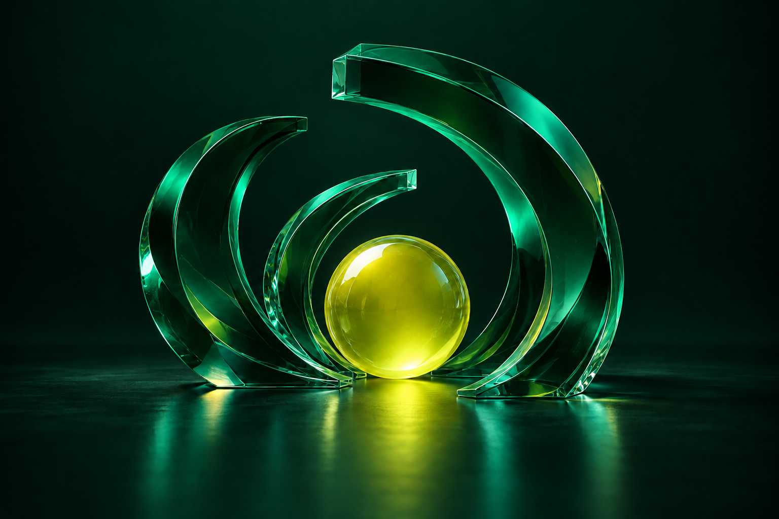 Abstract forest-green glass arcs focusing around a bright yellow sphere